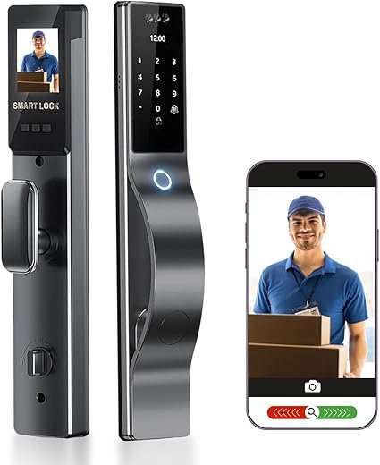 3D Face Recognition Smart Lock with HD Camera & Doorbell | Keyless Entry via Fingerprint, Passcode, IC Card, Key | Mortise Lock | Auto-Lock | App...