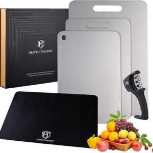 5 Pcs, Stainless Steel Cutting Board Set, with Sharpener & Silicone Mat - Non Toxic, Metal Cutting Boards for Kitchen, Luxury Gift for Home Chefs &...