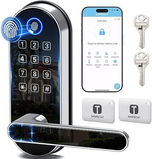 Bluetooth Fingerprint Smart Lock with Handle & Keypad – Fits Most US Doors, DIY Install, Keyless Entry: Code, FOB, Auto-Lock. Ideal for Home,...