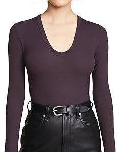Enza Costa Women’s Stretch Silk Rib Fitted Long Sleeve U-Neck Top