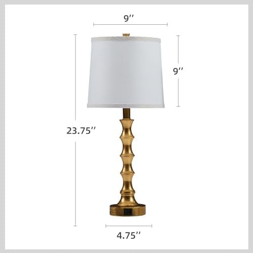 Gold Table Lamp 24" Nightstand Lamps Set of 2 Bamboo Shape Base Metal Desk Lamps with Linen White Shade Bedside Nightlight with USB A+C Ports... - Image 2