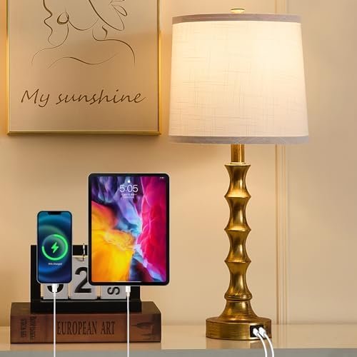 Gold Table Lamp 24" Nightstand Lamps Set of 2 Bamboo Shape Base Metal Desk Lamps with Linen White Shade Bedside Nightlight with USB A+C Ports... - Image 3