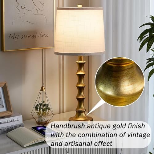 Gold Table Lamp 24" Nightstand Lamps Set of 2 Bamboo Shape Base Metal Desk Lamps with Linen White Shade Bedside Nightlight with USB A+C Ports... - Image 4
