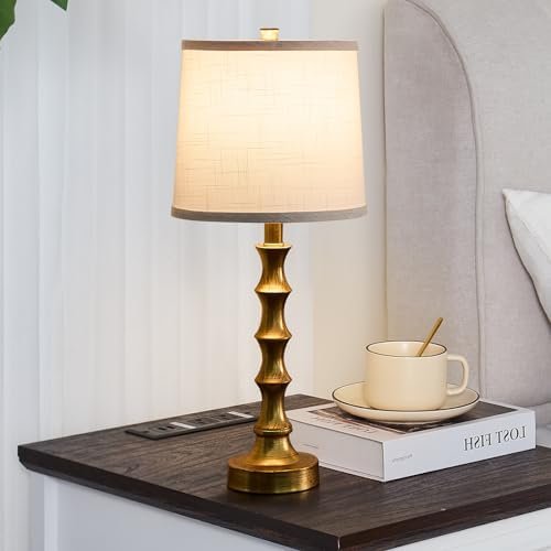 Gold Table Lamp 24" Nightstand Lamps Set of 2 Bamboo Shape Base Metal Desk Lamps with Linen White Shade Bedside Nightlight with USB A+C Ports... - Image 5