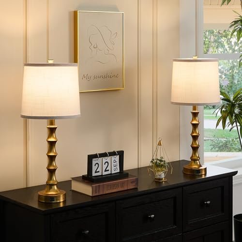 Gold Table Lamp 24" Nightstand Lamps Set of 2 Bamboo Shape Base Metal Desk Lamps with Linen White Shade Bedside Nightlight with USB A+C Ports... - Image 6