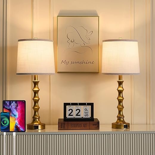 Gold Table Lamp 24" Nightstand Lamps Set of 2 Bamboo Shape Base Metal Desk Lamps with Linen White Shade Bedside Nightlight with USB A+C Ports...