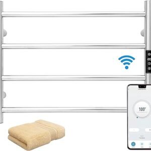KEG Smart WiFi Towel Warmer Wall Mounted with Built-in Timer and Temperature Adjust Control, 4 Bars Electric Stainless Steel Heated Towel Racks for...