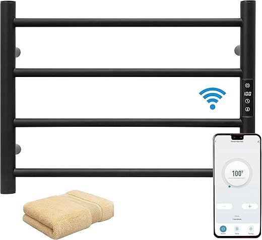KEG Smart WiFi Towel Warmer Wall Mounted with Built-in Timer and Temperature Adjust Control, 4 Bars Electric Stainless Steel Heated Towel Racks for...