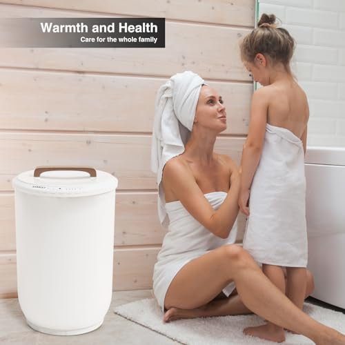 SAMEAT Heated Towel Warmers for Bathroom - Large Towel Warmer Bucket, Wood Handle, Auto Shut Off, Fits Up to Two 40"X70" Oversized Towels, White - Image 3